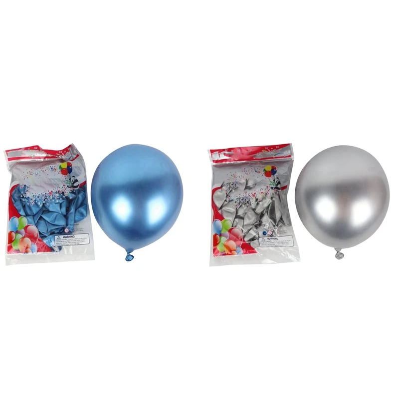 

100Pcs 10 Inch Metallic Latex Balloons Thick Chrome Glossy Metal Pearl Balloon Globos For Party Decor - Silver & Blue