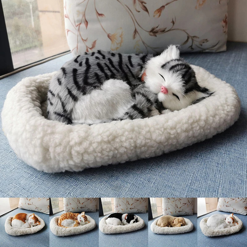 

Breathing Cat Simulation Model Decor Realistic Sleeping Dog With Mat Lovely Simulation Animal Doll Plush Sleeping Cat Toy