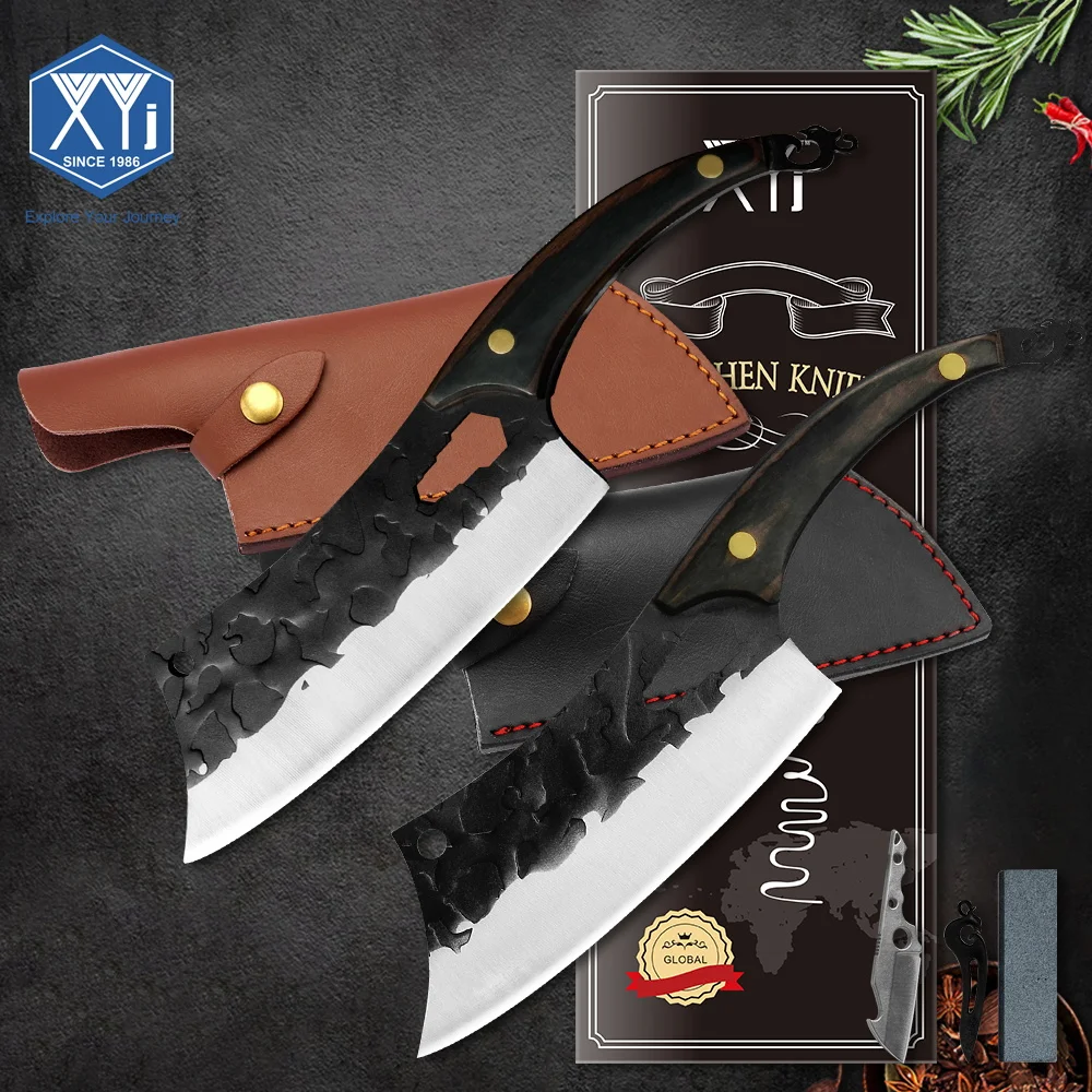 

XYJ 7 Kitchen Cleaver Knife With True Leather Sheath Belt Loop Hex Wrench Hammered Full Tang Blade For Chop Meat Fish Vegetable