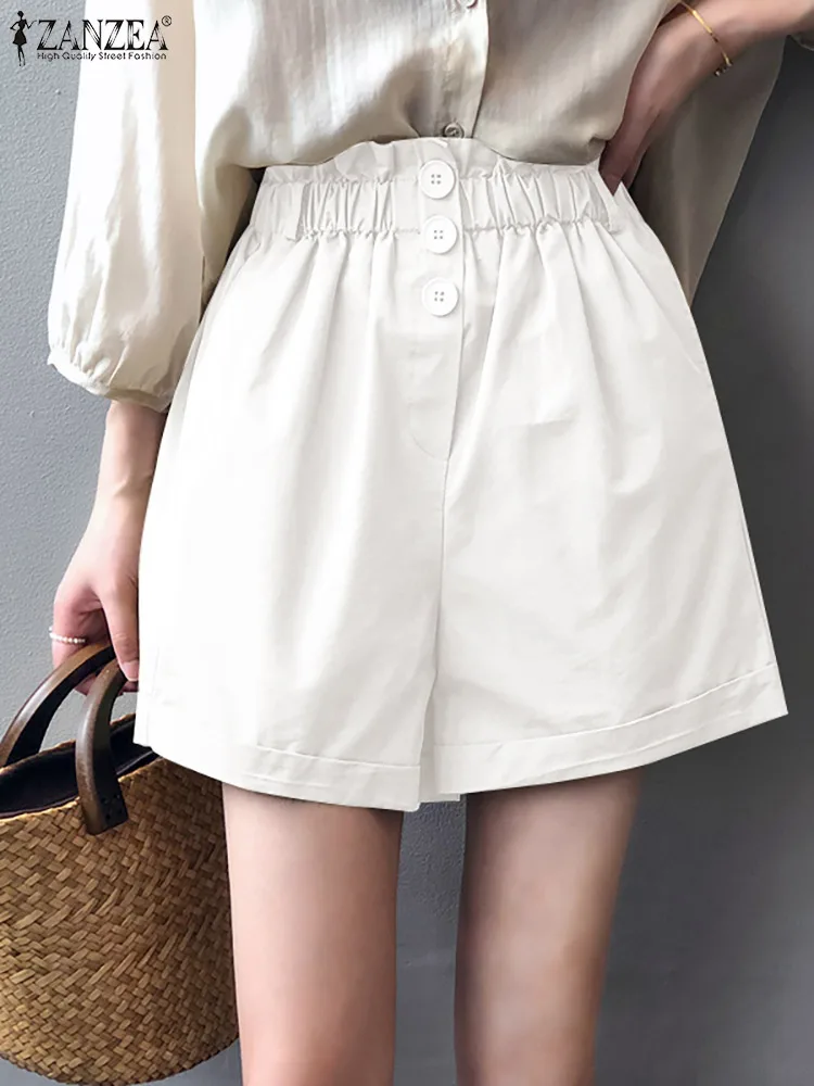

Summer Women Shorts Casual Solid Loose Pants Fashion Female Pantalons ZANZEA Elastic Waist Pant Palazzo Leisure Bottom Oversized