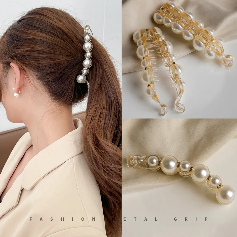 

2022 Pearl Crystal Hair Clips Solid Color Banana Clip Women's Hair Accessories Fashion Ponytail Barrettes Hair Claws Hairpins