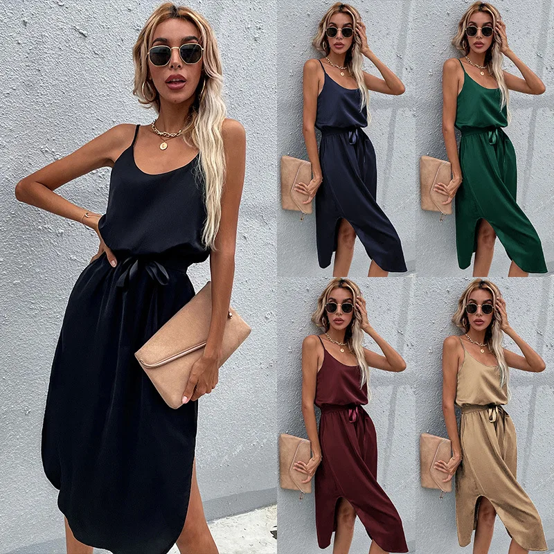 

Новинка весна-лето 2022, женское однотонное платье на бретельках Среднего Востока с карманами и разрезами, платья для женщин