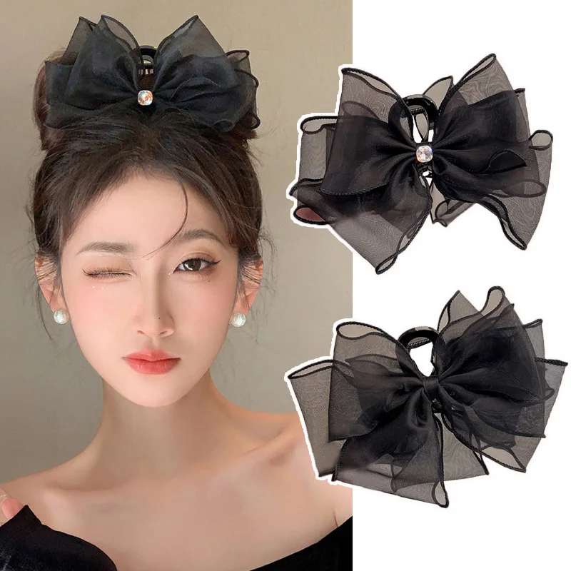 

New Korea Sweet Mesh Tulle Big Bow Hair Claw Clips For Women Black Bowknot Hair Clamp Hairpin Headdress Accessories Shark Clip
