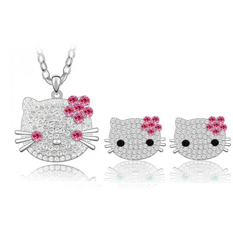 

Sanrio Hello Kitty Lady Necklace Cute Japanese Original Suefeng Cat Jewelry Sweet Diamond Studded Crystal Earrings Necklace