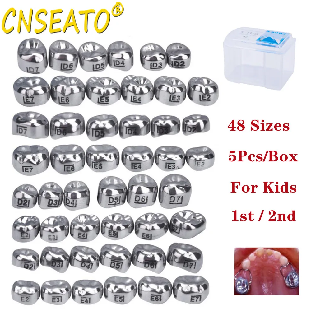 5Pcs Dental Crown Kids Primary Molar Teeth 1st 2nd Stainless Steel Pediatric Temporary Crowns Dentist for Upper/Lower Left/Right