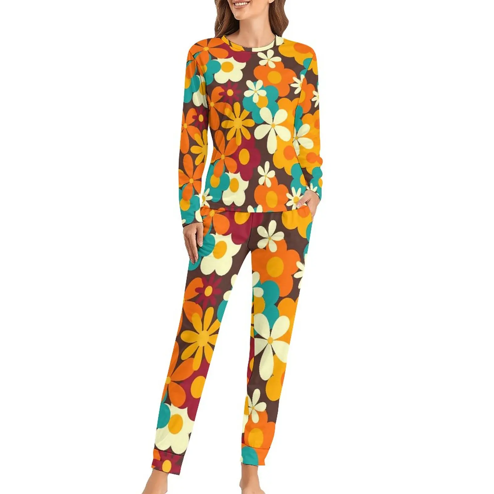 

Цветочная мощная пижама в стиле ретро 70-х Классический мягкий домашний костюм для женщин 2 предмета свободный большой дизайн домашний костюм идея для подарка