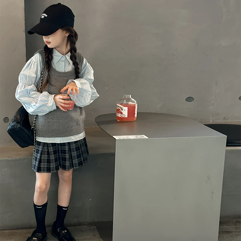 Школьная одежда для маленьких девочек детская костюм 14 свитеров жилет + синяя