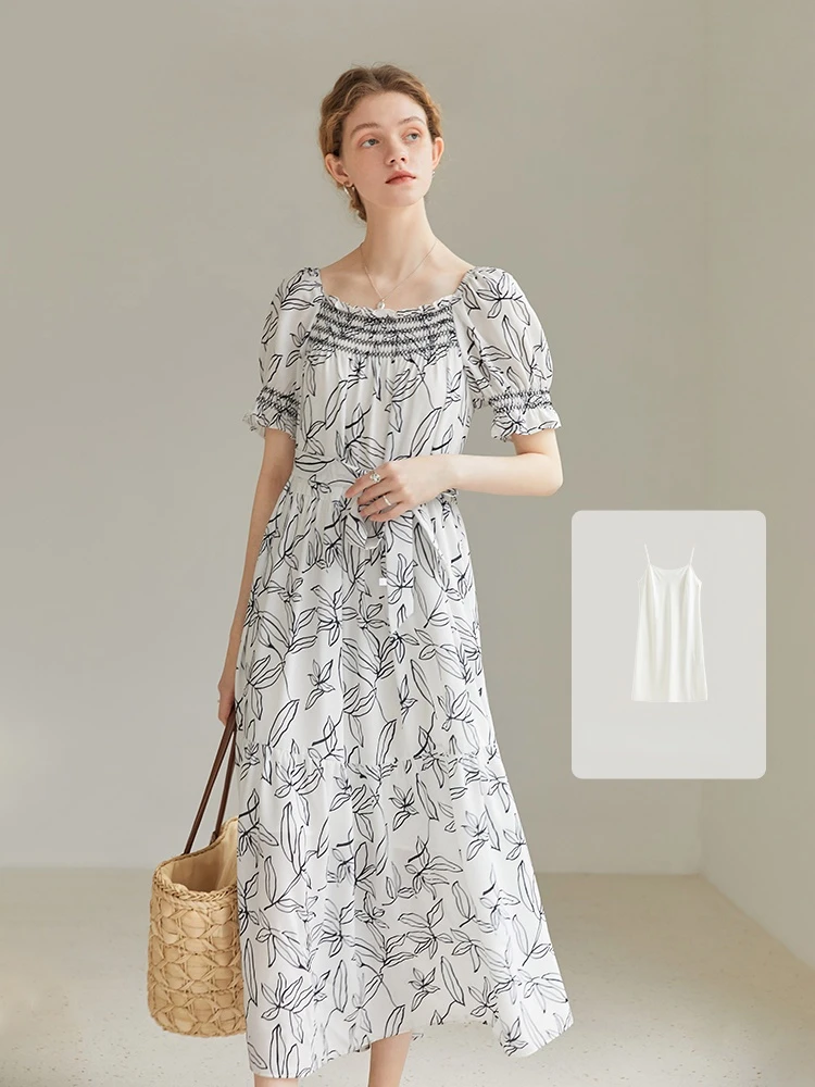 

FSLE Printed Chiffon Square Collar Short Slevee Dress Women 2022 New Summer French Pullover Straight Boho Women Dress