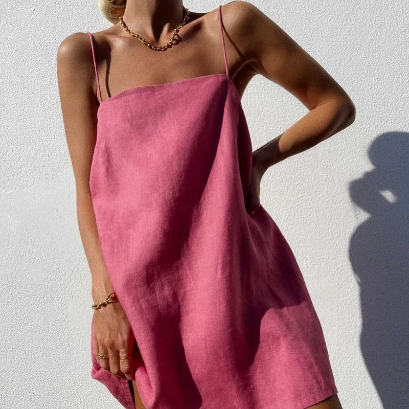 

Spaghetti Cotton and Linen Sling Dress Ladies Summer Dress Sexy Sundress Mini Cotton and Linen Vestidos Birthday Dress for Women