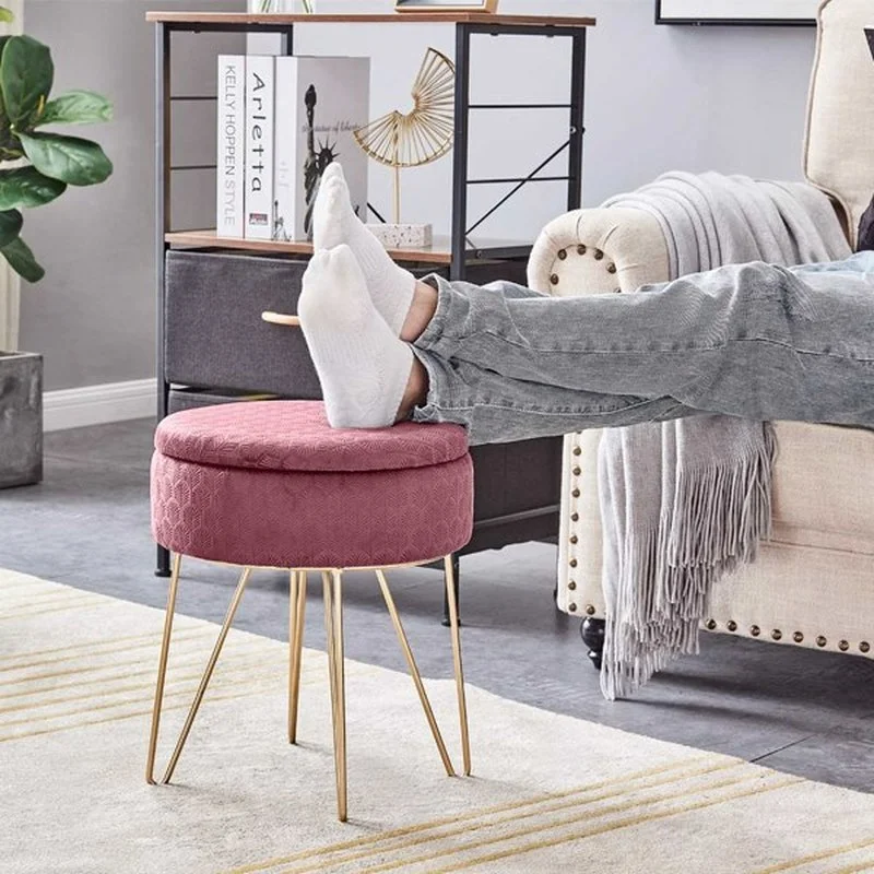 

Velvet Round Ottoman Footstool, Modern Upholstered Dresser Stool Storage Functional Dressing Chair Bedroom Living Room (Pink)