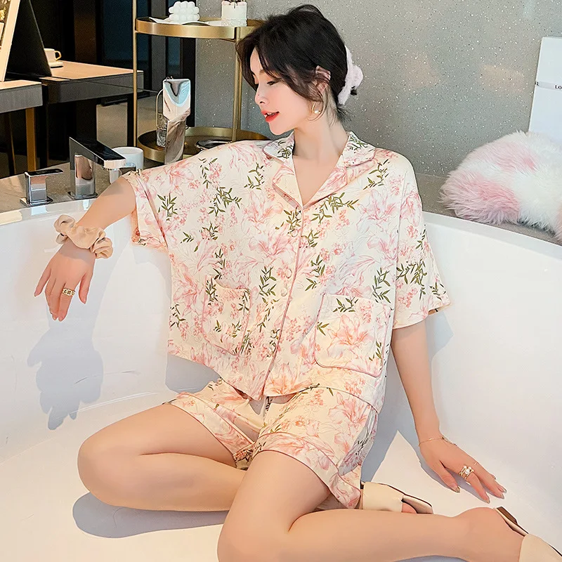 Summer Outfits Silk Pajamas Short Sleeve Short Sets For Women Loungewear Pink Flower Sleeping Clothes Women