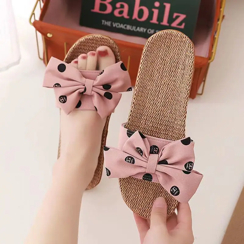 

Тапки женские льняные однослойные, мягкая нескользящая подошва, открытый носок, бант-бабочка, домашние тапочки, повседневные шлепанцы для у...