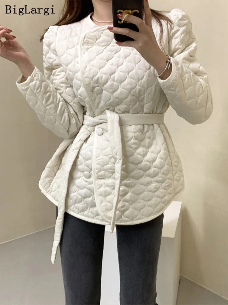 Korean Fashion Women Clothes Lace Up Jacket Women Autumn Winter Simple O Neck Ladies Tops Single-breasted Tie-waist Thick Coats