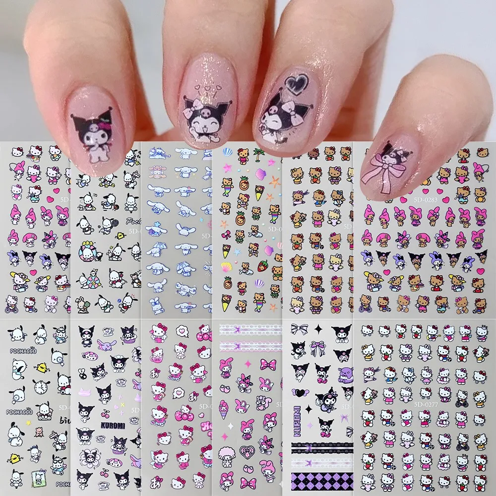 5D Cute Sanrio Pochacco Nail Stickers Embossed Relief Kuromi Kitty Cat Decals Kawaii Cartoon Dog Manicure Sliders