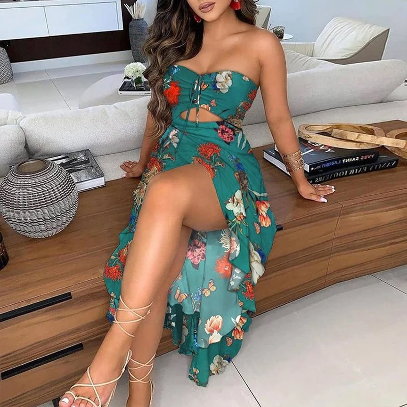 

Skirt Summer Sexy Wrapped Chest One Word Collar Overall Print Off-shoulder Ruffled Slit Mid-length Women Bodycon Dress 2021 New