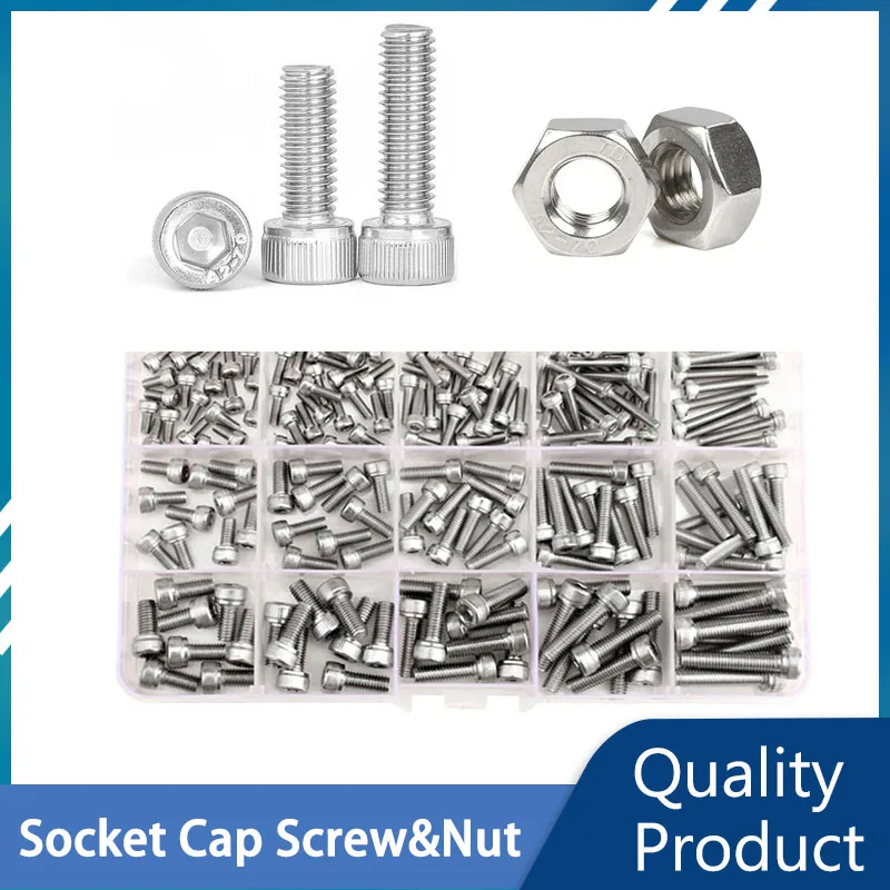 

M2 M3 M4 M5 M6 Hex Bolts Hexagon Socket Cap Head Bolt Nut Set 304 Stainless Steel Metric Thread Screws Locking Assortment Kit