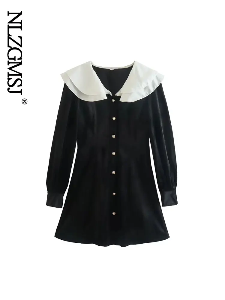 

TRAF Spring Summer Sweet Doll Collar Button Up Mini Dress Women