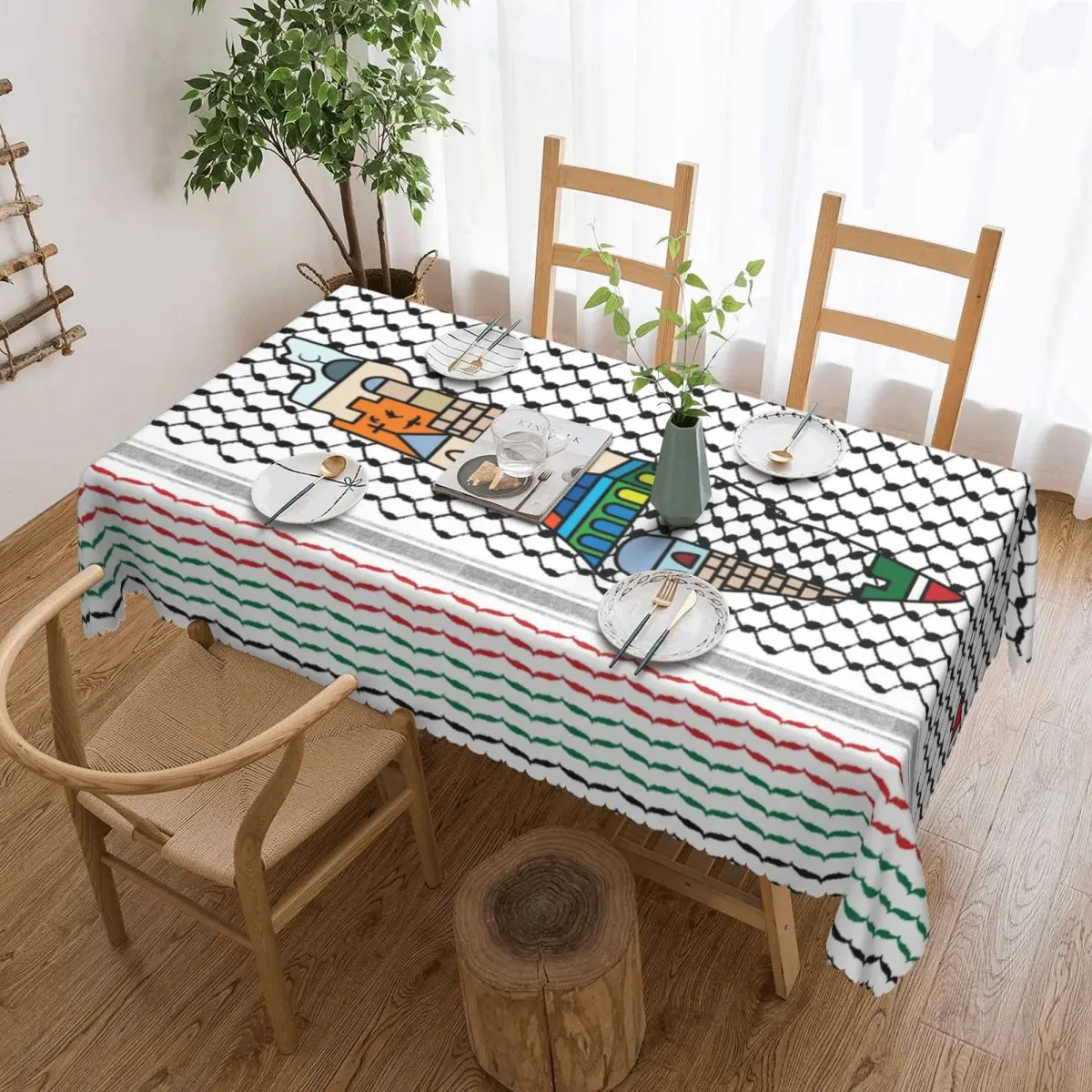 

Palestine Palestinian Map With Kufiya Hatta Pattern Tablecloth Rectangular Sacred Jerusalem Table Cover Cloth for Banquet