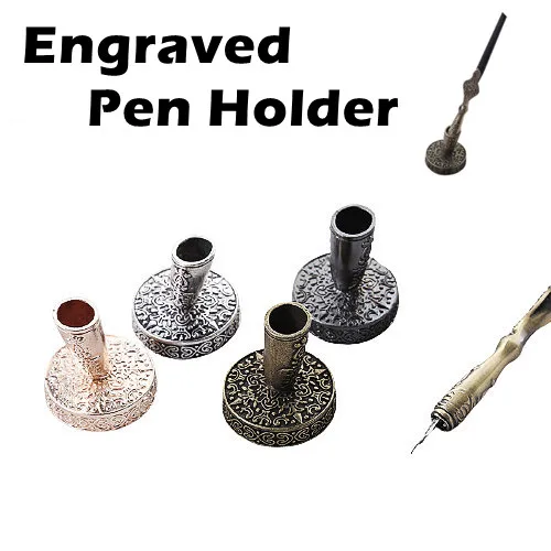 

2022 1PC European-style feather carved dipped ink pen holder exquisite round metal base pen accessories holiday gift
