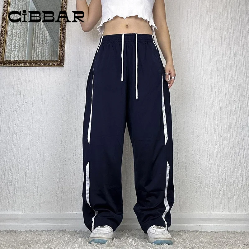 

CIBBAR Sport Casual Baggy Blue Wide Leg Pants Jogger Side Striped Drawstring Sweatpants Street 2023 Fashion Cargo Pants Women's