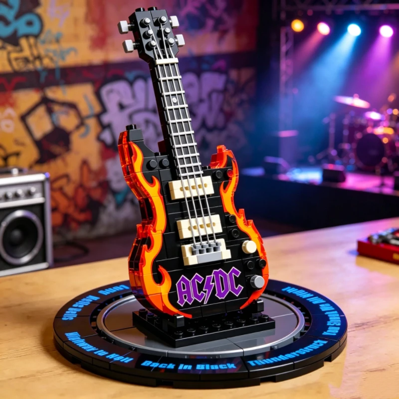Фото Набор для сборки гитары в стиле AC/DC своими руками, модель из строительных блоков, украшение для дома для любителей рока, декоративный элемент. №1