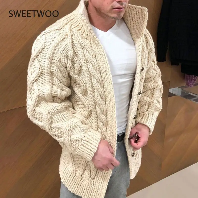 Men' Sweater Coat Autumn Winter Fashion Warm Knitwear Jackets Solid Color Button Stand Collar Cardigan Male Knitted Overcoat