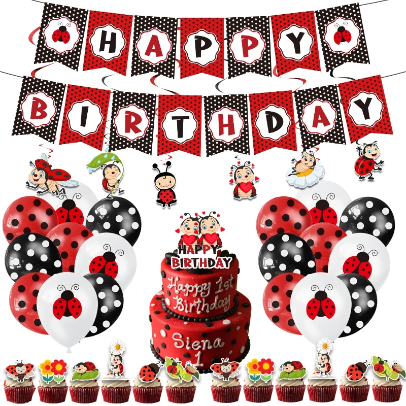 

Cute Ladybug Theme Balloon Suit Party Arrangement Pull Flag Latex Balloon Cake Flag Birthday Party Holiday Arrangement Props
