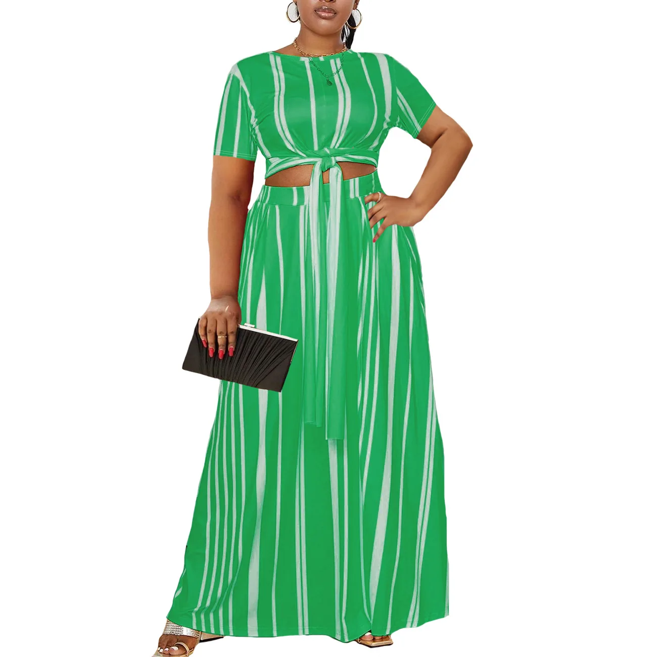 Plus Size Two Piece Dress Striped Lace Up Wide Loose Cloth Women Casual Evening Luxury Robe 2023 Summer Trendy New Party Dress