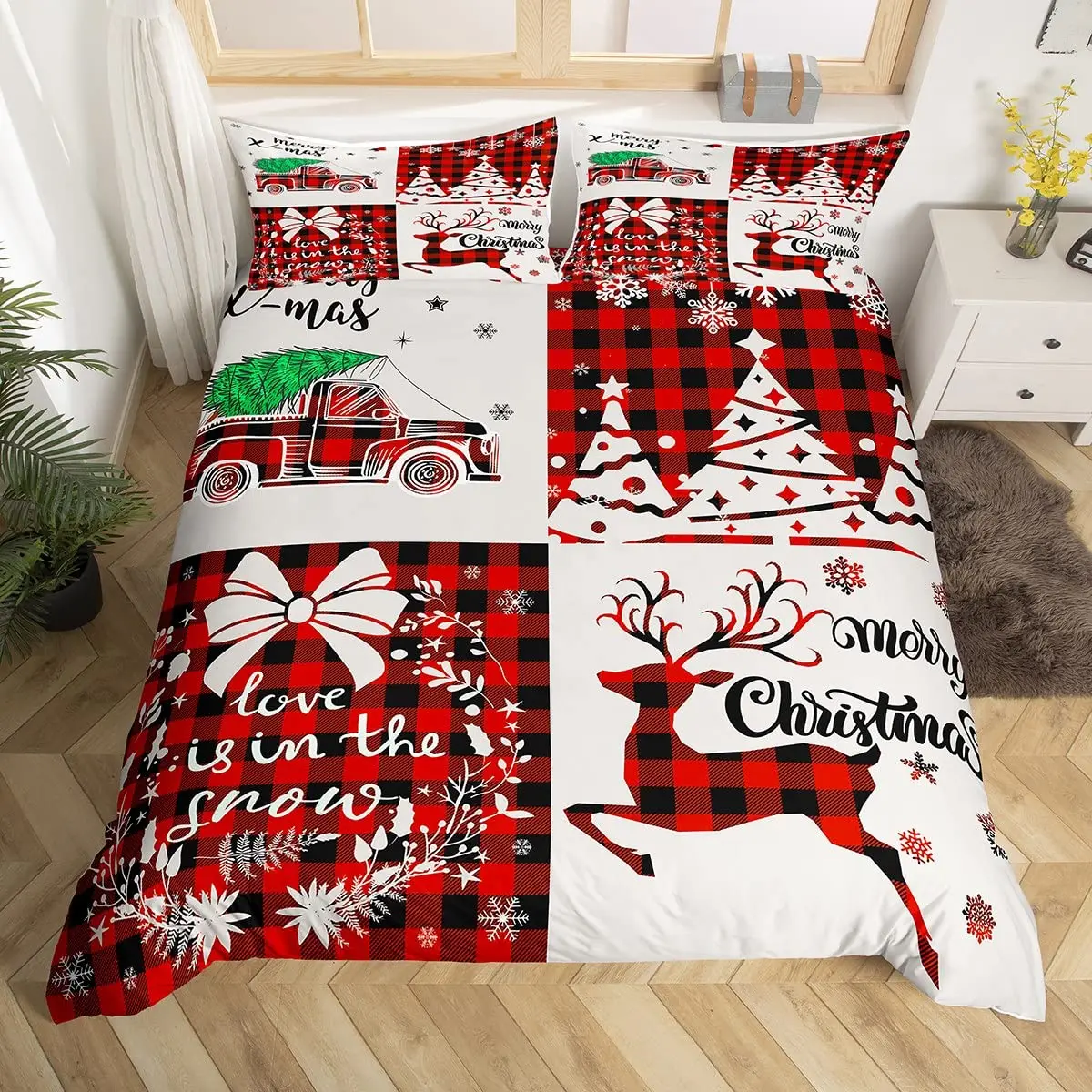 

Merry Christmas Duvet Cover Set,Red Buffalo Checked Rustic Truck Comforter Cover,Plaid Xmas Tree Elk Deer Snowflake Bedding Sets