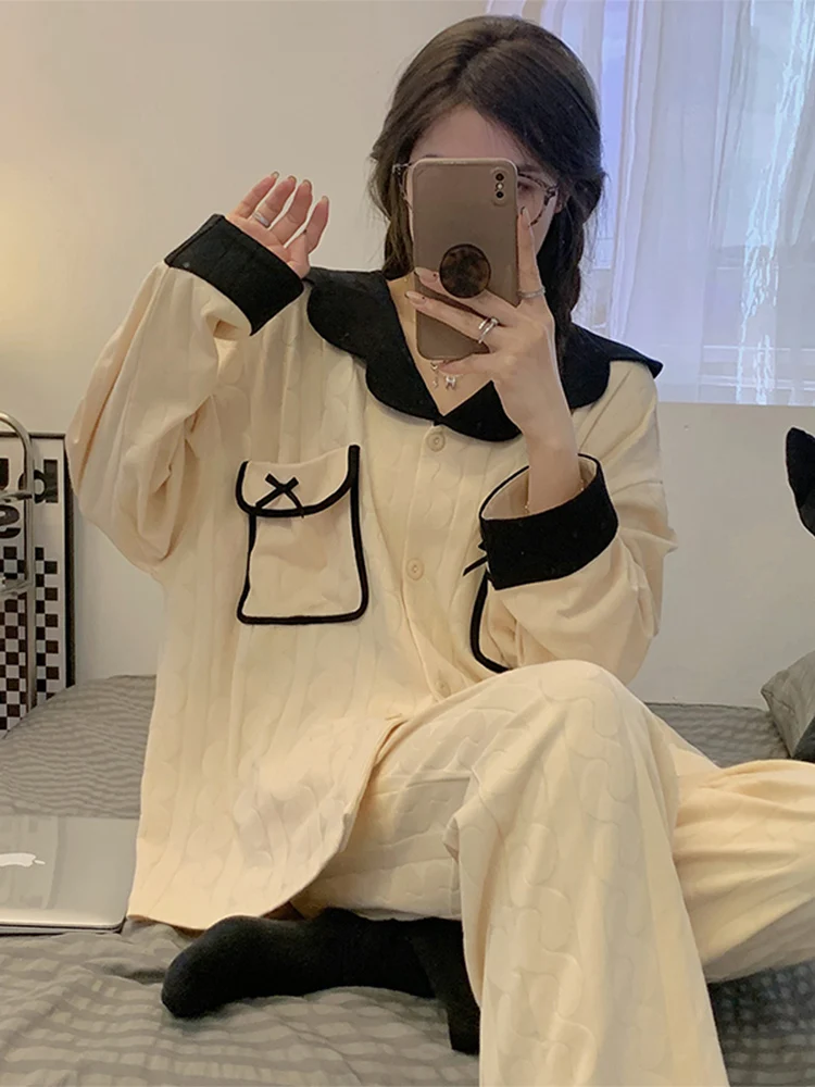 Pure Cotton Pajamas for Women Spring Autumn Winter Simple 2023 New High Sense Long sleeve Casual Solid Homewear Set