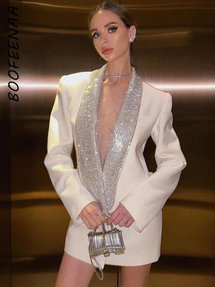 

BOOFEENAA Sparkling Rhinestone Deep V Backless Long Sleeve Blazer Dress Sexy Party Wear Evening Dresses Birthday Outfit C95-HZ39