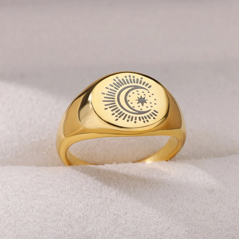 

Crescent Moon Signet Rings for Women Stainless Steel Men Ring Vintage Aesthetic Wedding Couple Rings Jewelry Gift bague femme