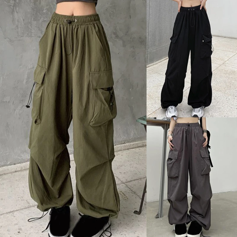 

Women Big Pockets Cargo Pants Y2K Harajuku Drawstring Pants Female Street Style Solid Sweatpants Joggers Trousers Oversized