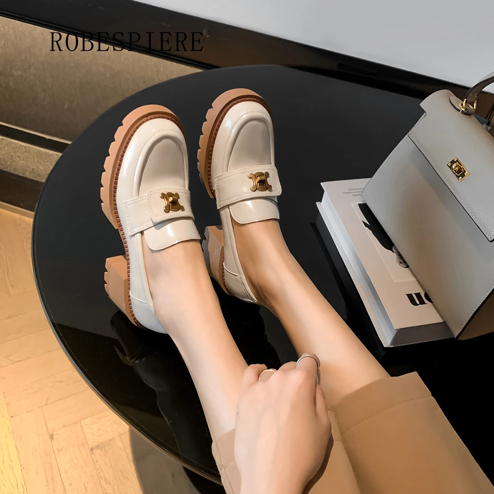 

ROBESPIERE-2022 Spring Round Toe Thick Bottom Handmade Women's Shoes Leather Platform Heels All-match High-heeled Loafers-A272