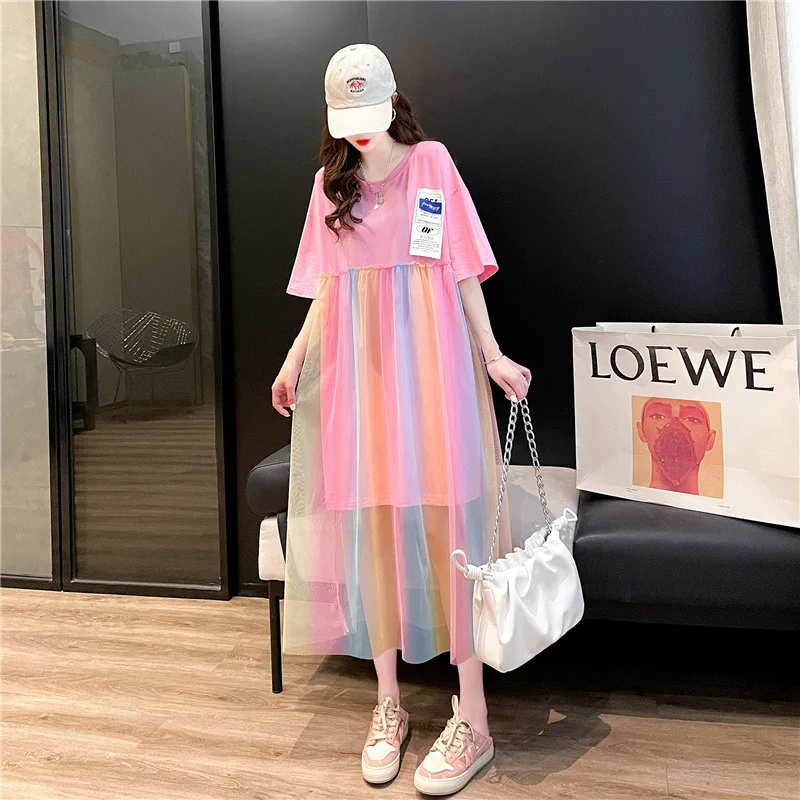 

Rainbow T - shirt skirt female Korean fashion gauze spell holiday holiday two loose beach wind dress oversized white dress