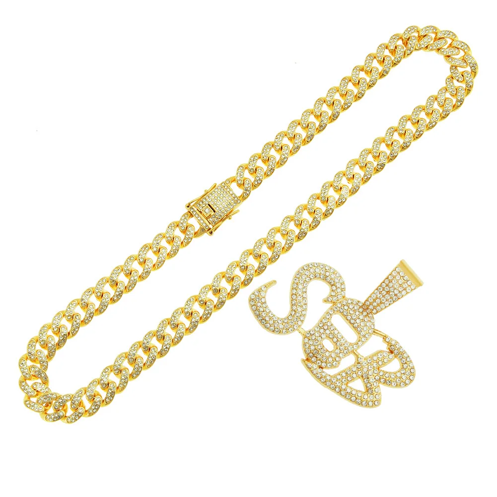 

Ins Hip-hop Men's Personality Bling Full of Diamond Stitching Letter Pendant Cuban Chain Necklace Miami Rapper Choker Jewelry