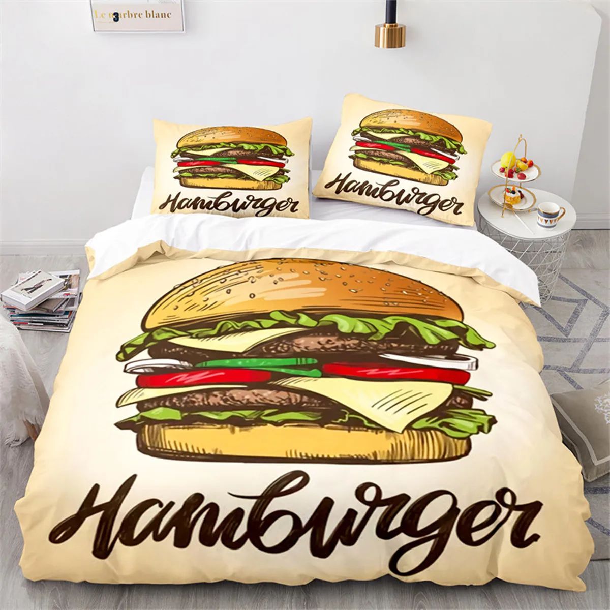 

Pizza Duvet Cover Burger Hot Dog French Fries Microfiber Dessert Western Food Quilt Cover Fast Food Theme Decor Children Adults