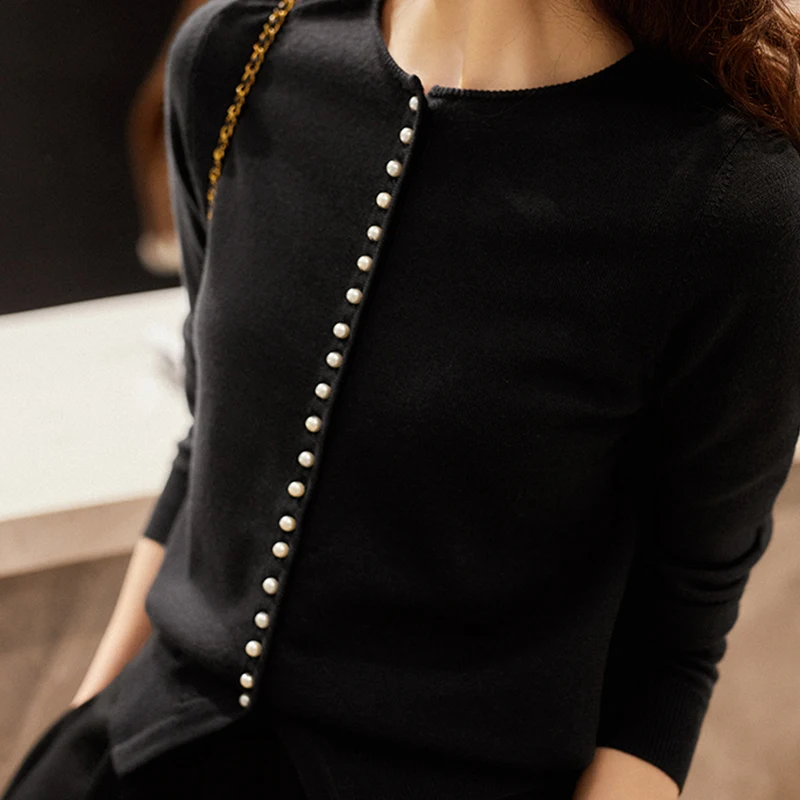 Весенне-осенний серый женский однобортный тонкий жакет с бисером кардиган топ