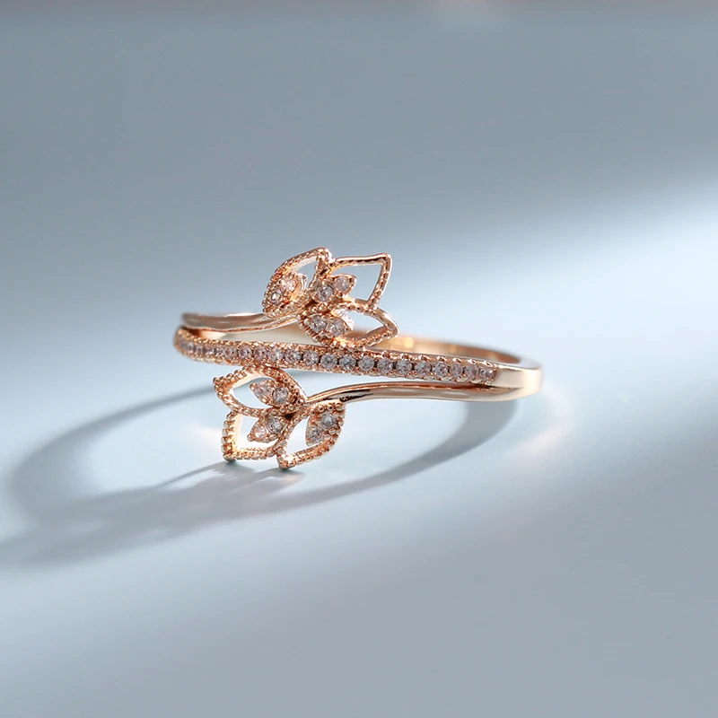 

Элегантные женские кольца с двойным натуральным Цирконом и цветком, модное ювелирное изделие из 585 золота, Необычные кольца на палец для сва...