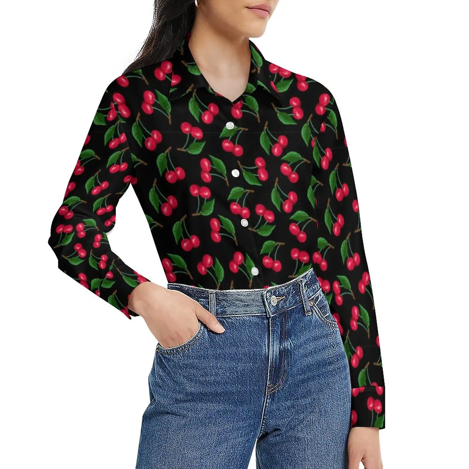 

Cute Fruit Blouse Long-Sleeve Red Watercolor Cherries Cool Blouses Women Casual Oversize Shirts Printed Clothes Gift