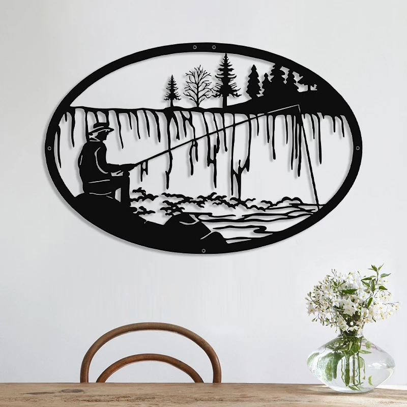 

Декор для комнаты «Рыбак от водопада», Настенный декор в эстетике, черный акриловый материал, дополнительные размеры, наклейка на стену