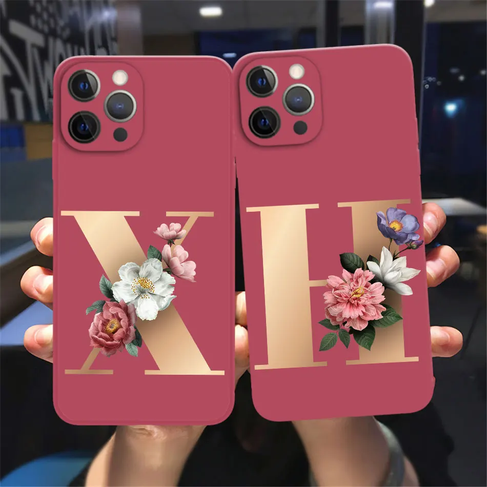 

Fashion Initial Letter A Z Phone Case For iPhone 12 13 ProMax 12 13 mini Retro golden Flower Soft TPU Camellia red Back Cover