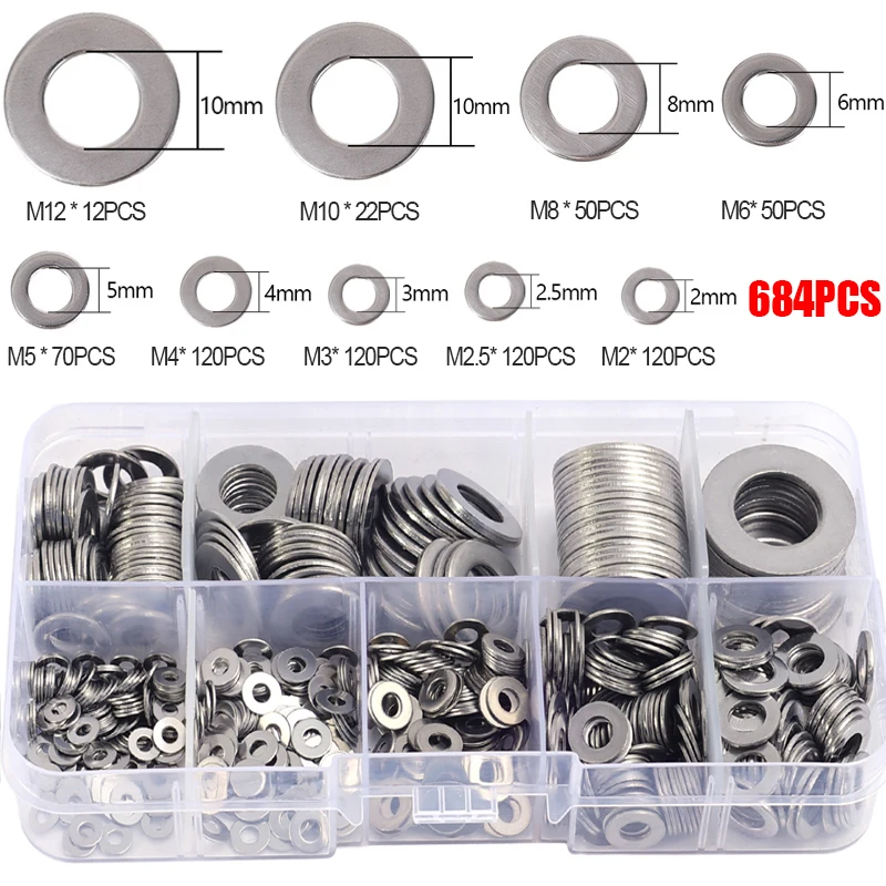 

Плоская шайба из нержавеющей стали M2-M12 Круглые металлические винтовые шайбы Кольца Простые прокладки Крепежные детали для винтов Болты Ассортиментные комплекты