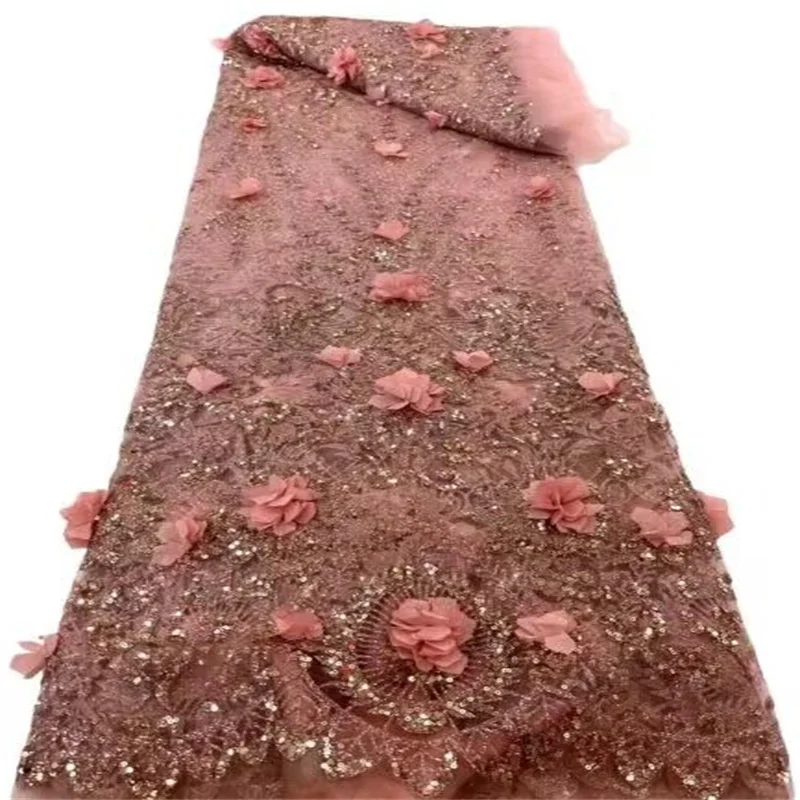 

Розовая кружевная ткань с 3D блестками 2023, Высококачественная сетчатая вышивка, аппликация, 3D Тюль с цветами, нигерийская кружевная ткань для невесты
