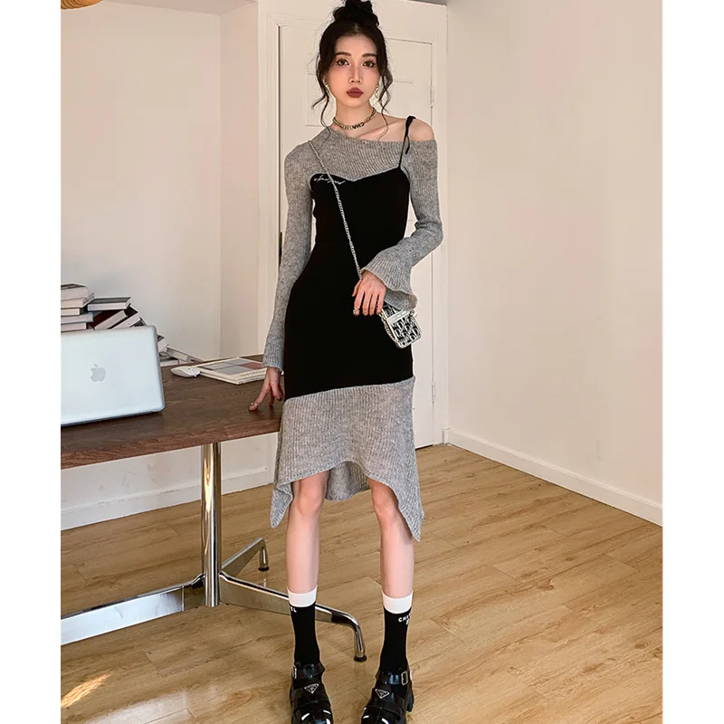 

Women's Clothing Dress New Tea Break French Fake Two Pieces Fishtail Knitted Dress Fashion Patchwork Temperament Sling Skirt
