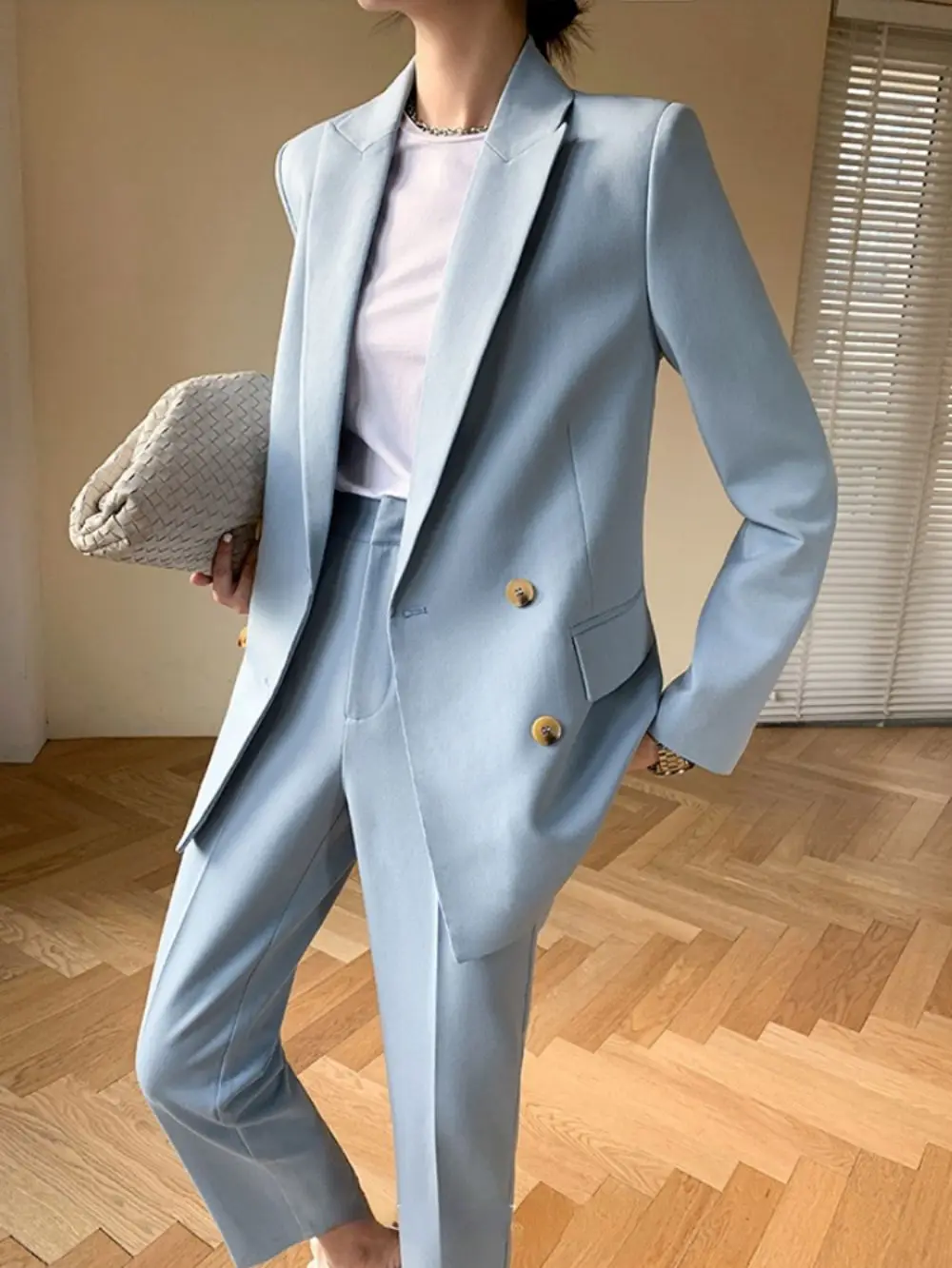 New Korean Fashion Women Blazer Pantsuit Casual Solid Elegant Blazer Jacket Straight Pants 2 Pieces Female Vintage Trousers Suit