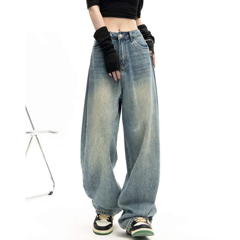 

Vintage Women Blue Jeans High Waist Gradient American Fashion Wide Leg Jean Female Denim Trouser Straight Baggy Denim Pants