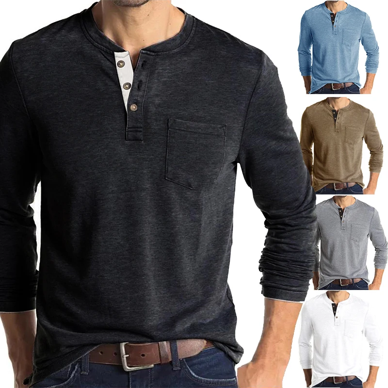 

Men's Shirt Henry Long Sleeve T-shirt Casual Loose Solid Color Pullover Button Collar Pocket Soft Bottoming Shirt Commuter Wear