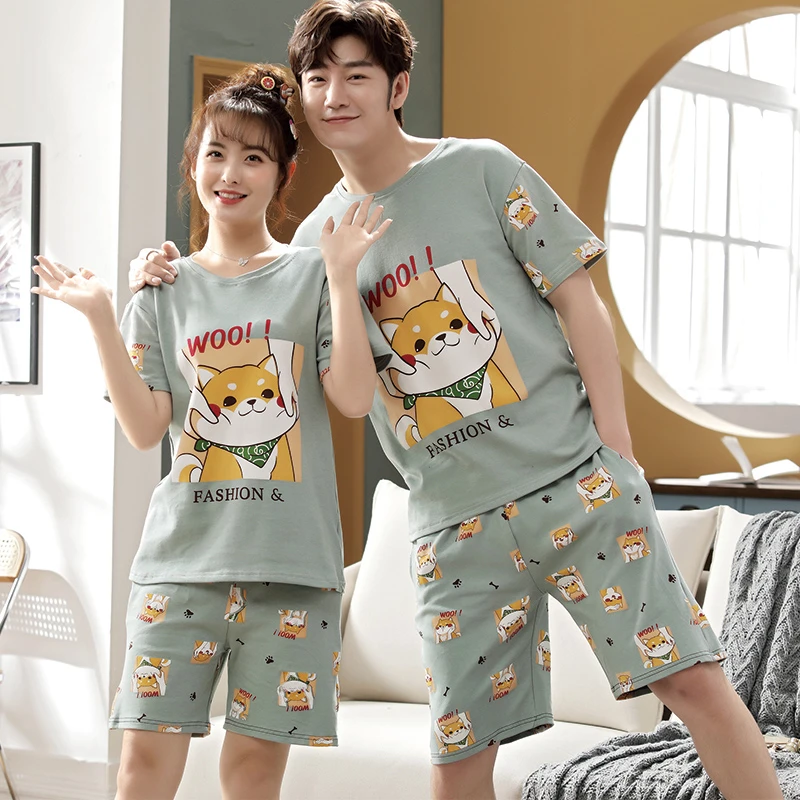 

Cartoon Couple Pajamas Sets Women Pijama Cotton Korean Men Sleepwear Kawaii Dog Short Sleeve Lovers Night-Clothes 2PCS Nightwear