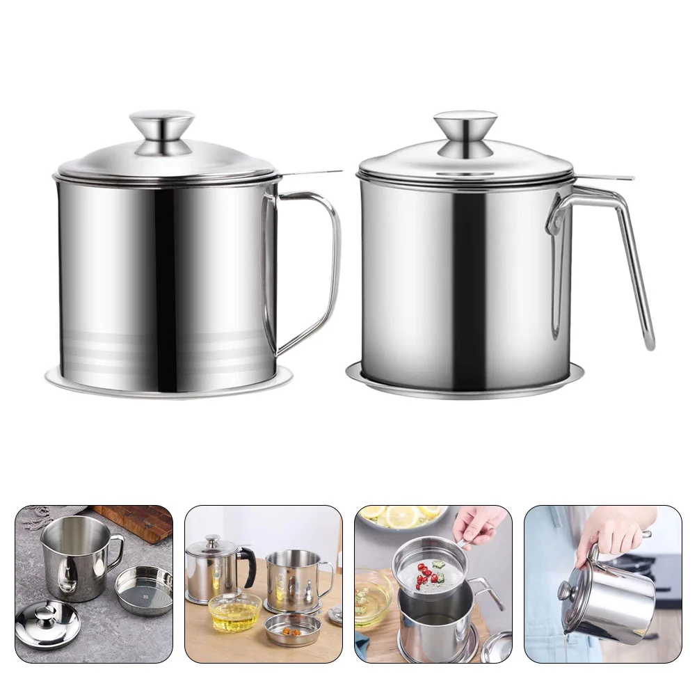

2Pcs Stainless Steel Oil Strainer Pot Oil Storage Container with Lid Oil Pot